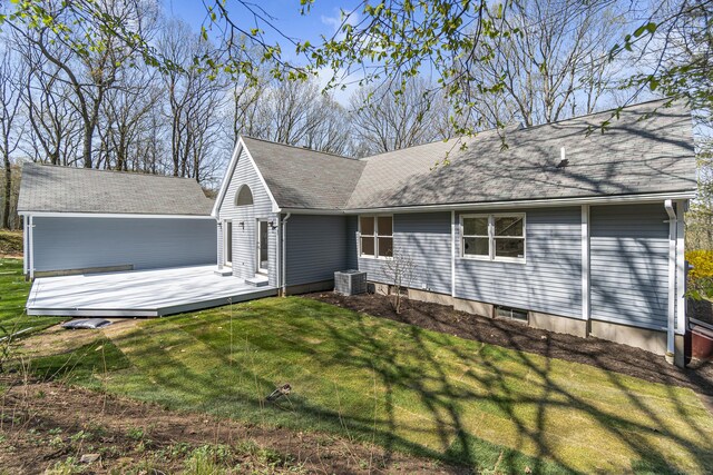 8 Goodsell Rd, Hamden, CT 06473 - view of front of property featuring a deck, central air condition unit, a front yard, and roof with shingles