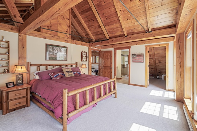 72 Indian Spring Rd, Woodstock, CT 06281 - bedroom with beam ceiling, high vaulted ceiling, light carpet, wood ceiling, and baseboard heating