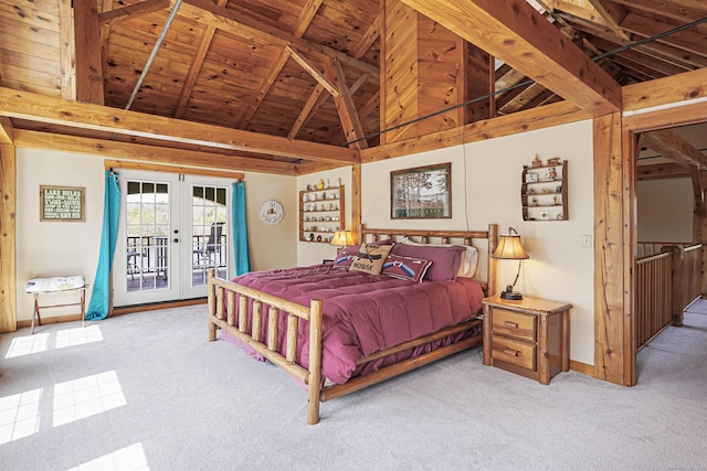 72 Indian Spring Rd, Woodstock, CT 06281 - carpeted bedroom featuring vaulted ceiling with beams, wood ceiling, access to outside, baseboards, and french doors