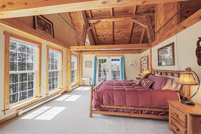 72 Indian Spring Rd, Woodstock, CT 06281 - bedroom with vaulted ceiling with beams, wood ceiling, a baseboard heating unit, access to exterior, and carpet flooring