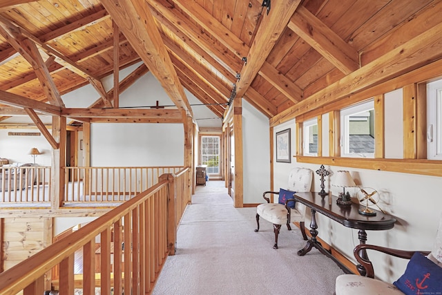72 Indian Spring Rd, Woodstock, CT 06281 - hall featuring lofted ceiling with beams, carpet flooring, and wooden ceiling
