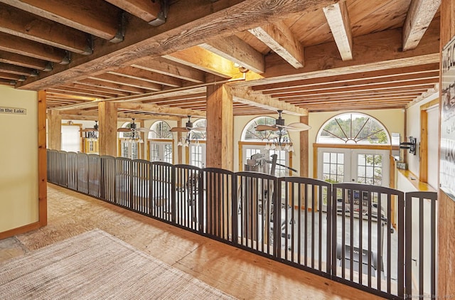 72 Indian Spring Rd, Woodstock, CT 06281 - interior space with beam ceiling, french doors, hardwood / wood-style floors, and a ceiling fan
