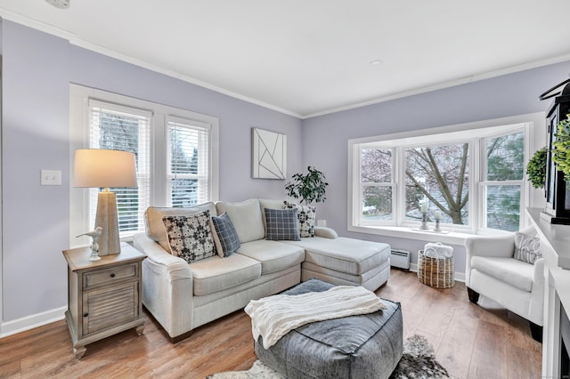 living room with a baseboard heating unit, a wealth of natural light, and crown molding