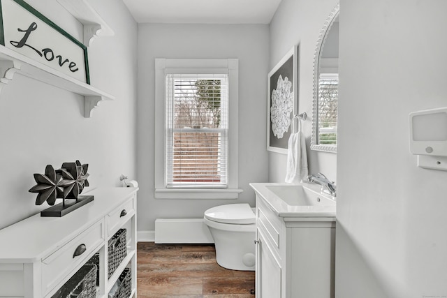 bathroom featuring wood finished floors, a healthy amount of sunlight, toilet, and vanity