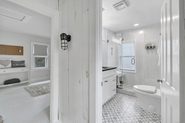 bathroom featuring a shower stall, tile patterned flooring, visible vents, toilet, and vanity