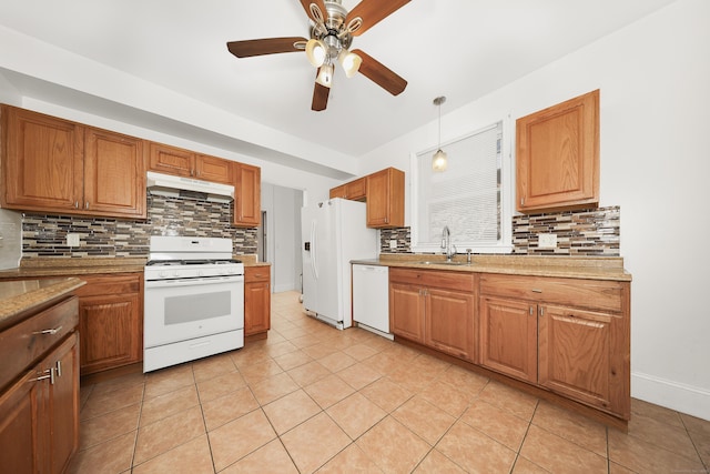 639 Cooke St, Waterbury, CT 06710 - kitchen featuring white appliances, a ceiling fan, under cabinet range hood, a sink, and backsplash