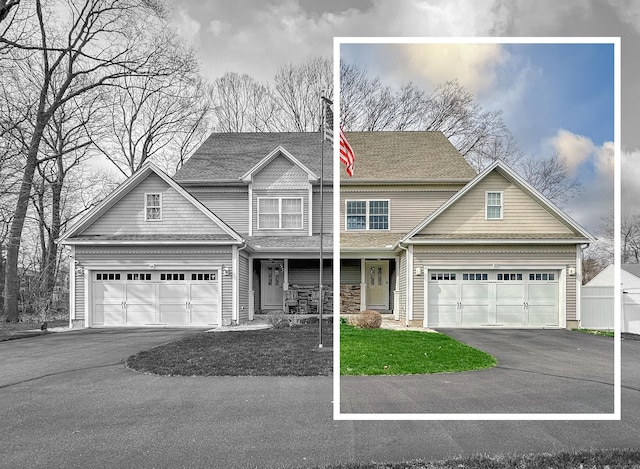 view of front of property featuring covered porch, aphalt driveway, roof with shingles, and a garage