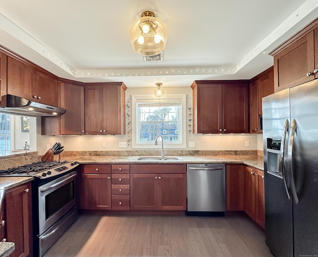 kitchen featuring stainless steel appliances, under cabinet range hood, a sink, and a tray ceiling