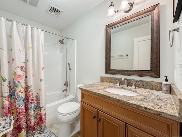 full bathroom with toilet, vanity, shower / tub combo with curtain, and visible vents