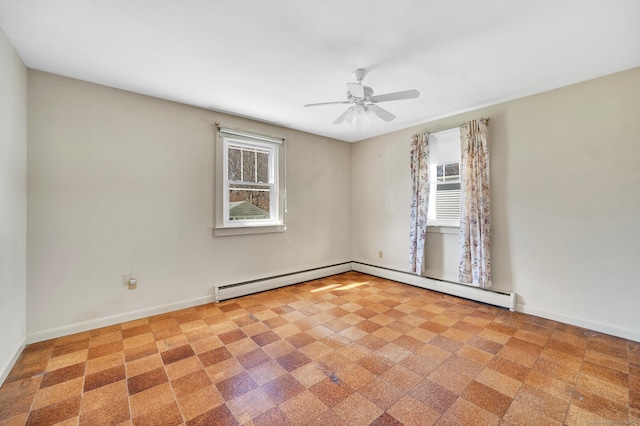spare room featuring a baseboard radiator, baseboards, and a ceiling fan