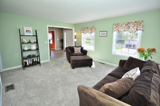 living room with carpet floors, a textured ceiling, visible vents, and baseboards