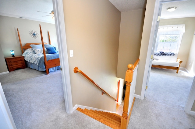 stairway featuring carpet floors, baseboards, and ceiling fan