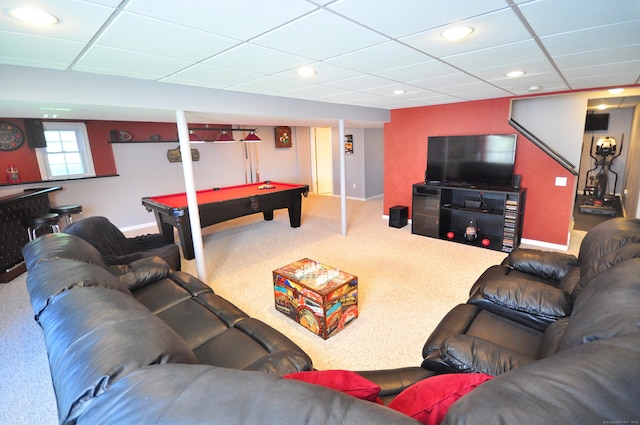 carpeted living area with recessed lighting, baseboards, a paneled ceiling, and pool table