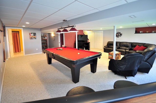 playroom with baseboards, recessed lighting, a paneled ceiling, pool table, and carpet