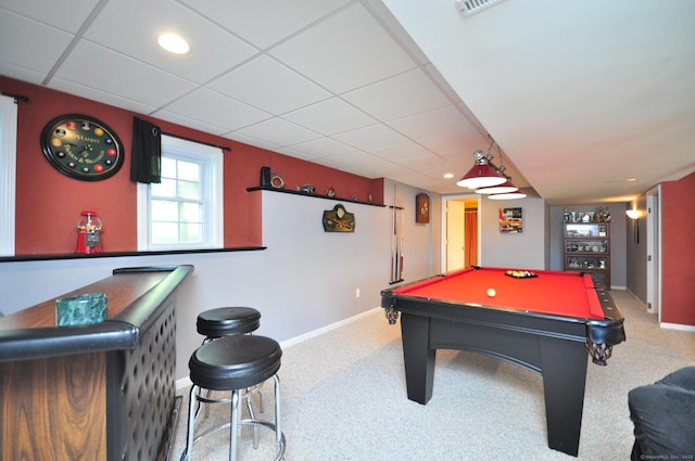 rec room featuring pool table, baseboards, a bar, and carpet
