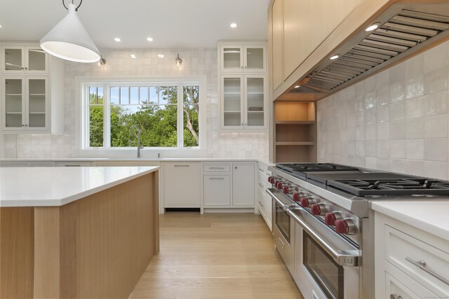 11 Tierney Ln, Westport, CT 06880 - kitchen with double oven range, custom exhaust hood, tasteful backsplash, a sink, and white cabinets