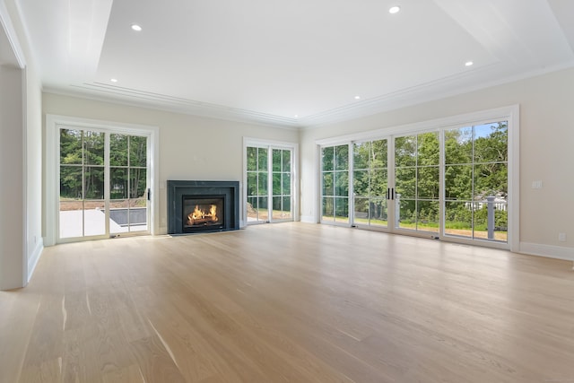 11 Tierney Ln, Westport, CT 06880 - unfurnished living room featuring a premium fireplace, light wood finished floors, recessed lighting, baseboards, and ornamental molding