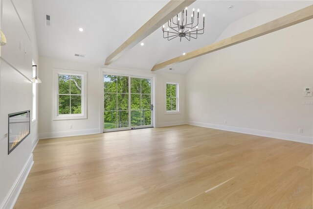 11 Tierney Ln, Westport, CT 06880 - unfurnished living room featuring a chandelier, light wood finished floors, baseboards, recessed lighting, and high vaulted ceiling