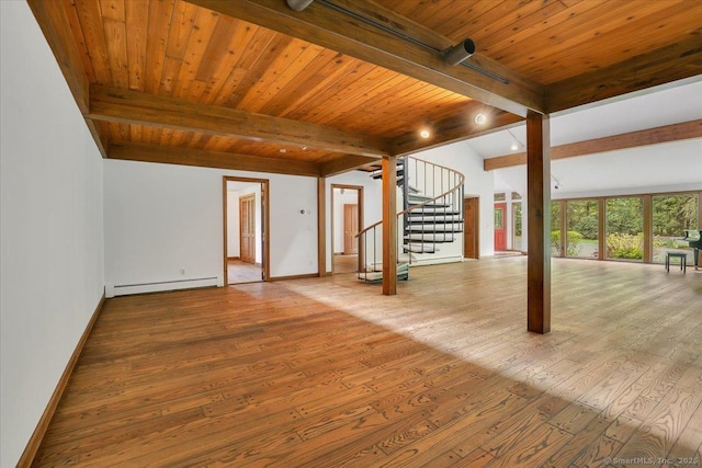 89 E St, Morris, CT 06763 - unfurnished living room featuring a baseboard radiator, wood finished floors, stairway, baseboards, and wooden ceiling with exposed beams