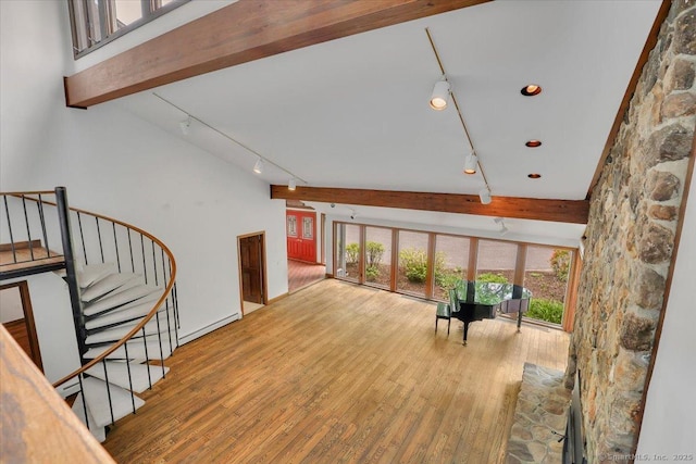89 E St, Morris, CT 06763 - stairway with track lighting, hardwood / wood-style flooring, and beamed ceiling