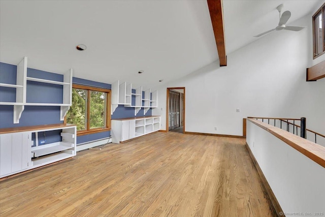 89 E St, Morris, CT 06763 - unfurnished living room featuring wood finished floors, ceiling fan, baseboard heating, and baseboards