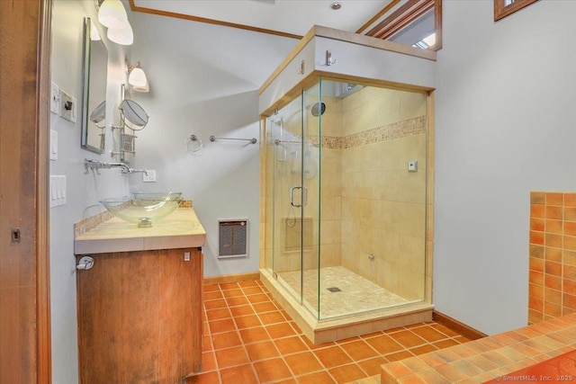 89 E St, Morris, CT 06763 - bathroom with vanity, a stall shower, tile patterned floors, and baseboards
