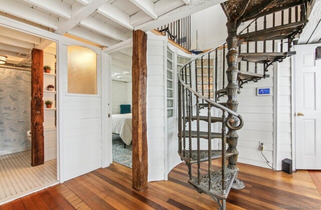 75 N Main St, East Hampton, CT 06424 - stairs with hardwood / wood-style flooring and beamed ceiling