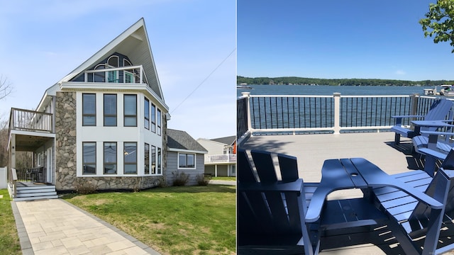 75 N Main St, East Hampton, CT 06424 - exterior space with stone siding, a yard, a balcony, and a wooden deck