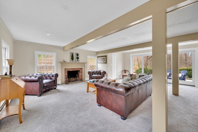 carpeted living room with a fireplace, a baseboard radiator, and beamed ceiling