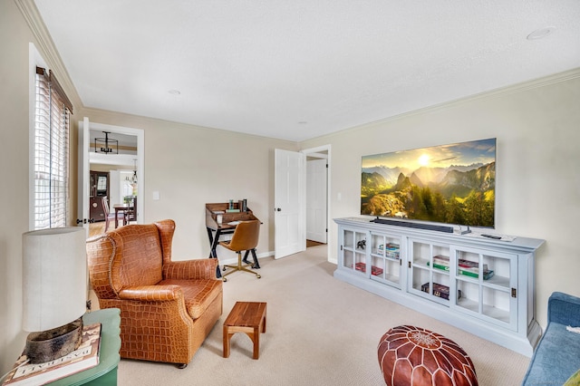 carpeted living room featuring ornamental molding and baseboards