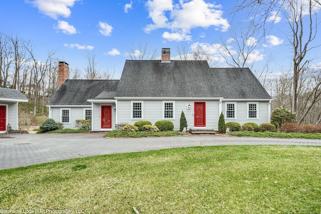 26 Old Kentwood Rd, East Haddam, CT 06423 - new england style home featuring a chimney, a front yard, and a shingled roof