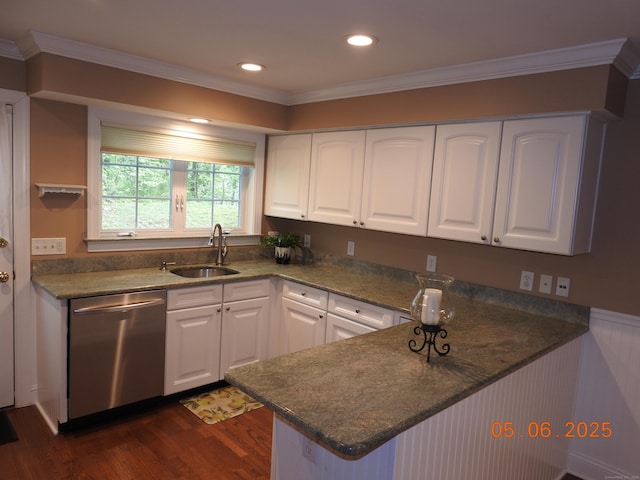 70 Allison Way Unit 70, East Haven, CT 06512 - kitchen with stainless steel dishwasher, a peninsula, white cabinets, dark wood finished floors, and ornamental molding