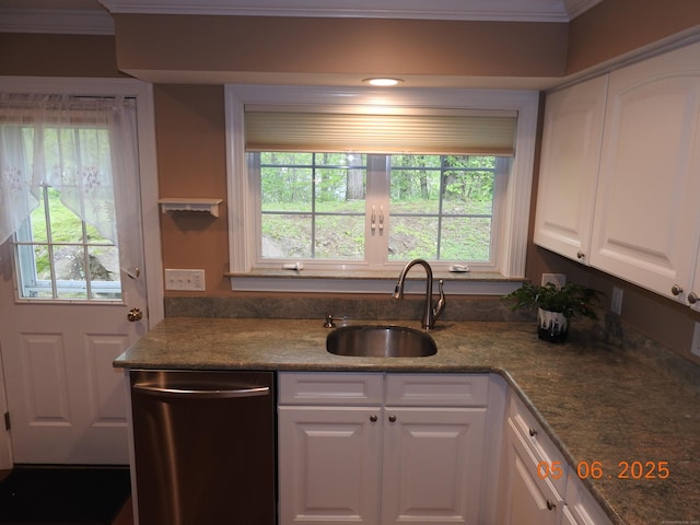 70 Allison Way Unit 70, East Haven, CT 06512 - kitchen featuring dishwasher, a sink, white cabinetry, plenty of natural light, and crown molding