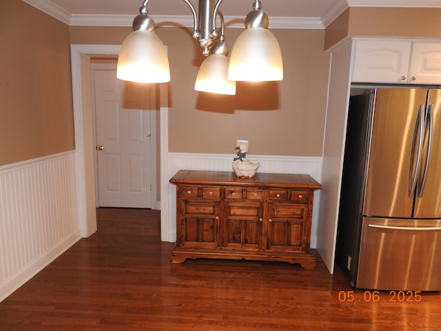 70 Allison Way Unit 70, East Haven, CT 06512 - kitchen with freestanding refrigerator, a wainscoted wall, white cabinets, dark wood-style flooring, and ornamental molding