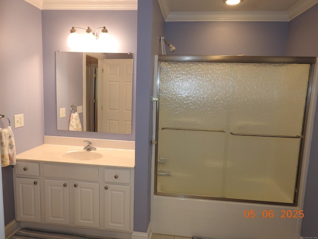 70 Allison Way Unit 70, East Haven, CT 06512 - bathroom featuring vanity, ornamental molding, and combined bath / shower with glass door