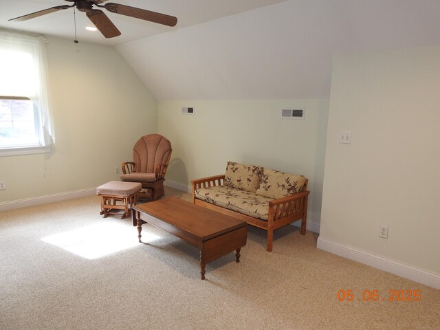 70 Allison Way Unit 70, East Haven, CT 06512 - sitting room with ceiling fan, vaulted ceiling, light carpet, and baseboards