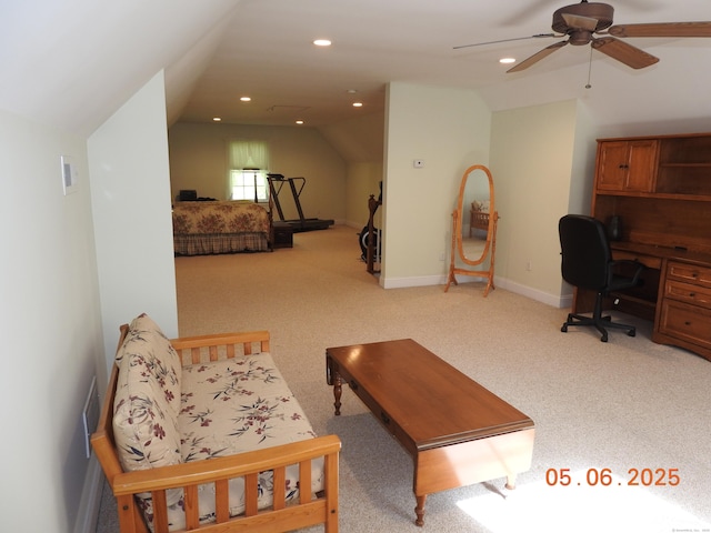 70 Allison Way Unit 70, East Haven, CT 06512 - living room featuring vaulted ceiling, an office area, light carpet, ceiling fan, and recessed lighting