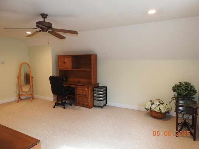 70 Allison Way Unit 70, East Haven, CT 06512 - office area featuring light colored carpet, lofted ceiling, baseboards, ceiling fan, and recessed lighting