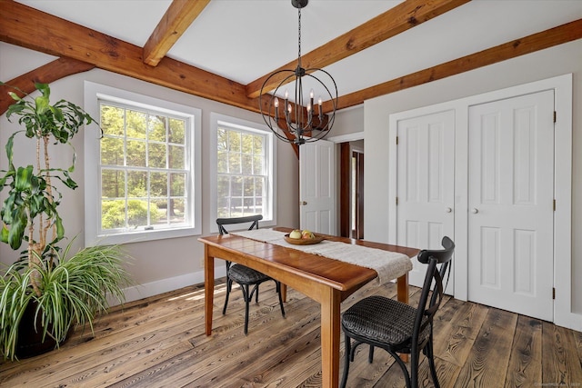 128 Spaulding Rd, Brooklyn, CT 06234 - dining space featuring dark wood finished floors, a chandelier, and beamed ceiling