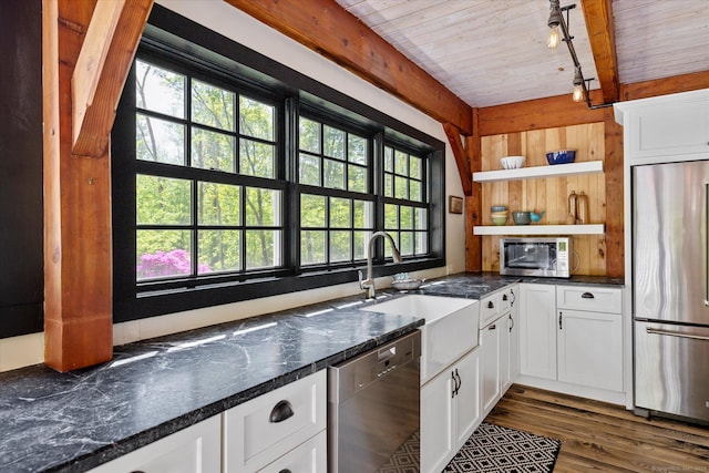 128 Spaulding Rd, Brooklyn, CT 06234 - kitchen featuring appliances with stainless steel finishes, open shelves, white cabinetry, dark wood finished floors, and wood ceiling