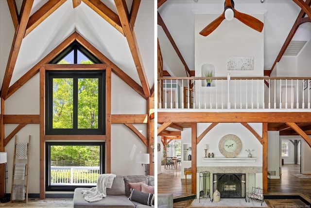 128 Spaulding Rd, Brooklyn, CT 06234 - living room featuring ceiling fan, healthy amount of natural light, a fireplace, high vaulted ceiling, and beam ceiling