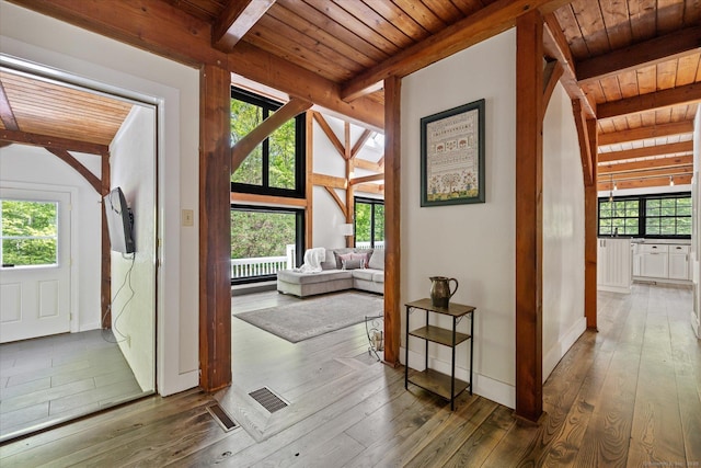 128 Spaulding Rd, Brooklyn, CT 06234 - hallway featuring wood ceiling, beam ceiling, and hardwood / wood-style floors