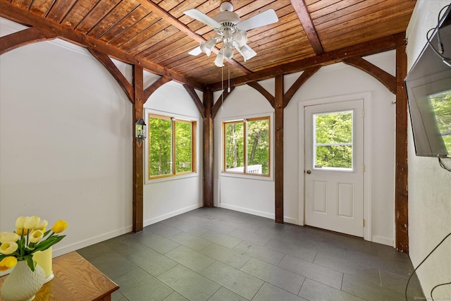 128 Spaulding Rd, Brooklyn, CT 06234 - doorway to outside with wooden ceiling, plenty of natural light, a ceiling fan, and dark tile patterned flooring