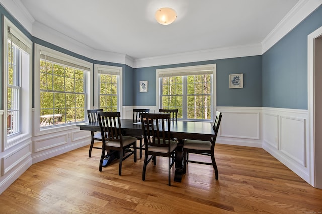 31 Cambridge Ct, Colchester, CT 06415 - dining room with crown molding, light wood-style floors, a wainscoted wall, and a decorative wall
