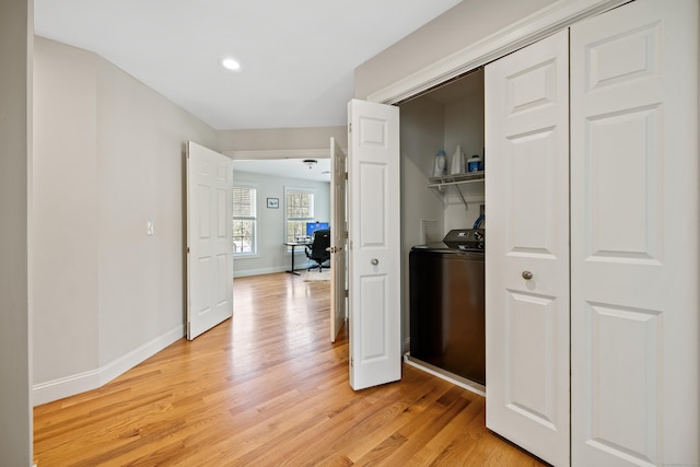 31 Cambridge Ct, Colchester, CT 06415 - corridor with washer / clothes dryer, light wood-style floors, baseboards, an office area, and recessed lighting