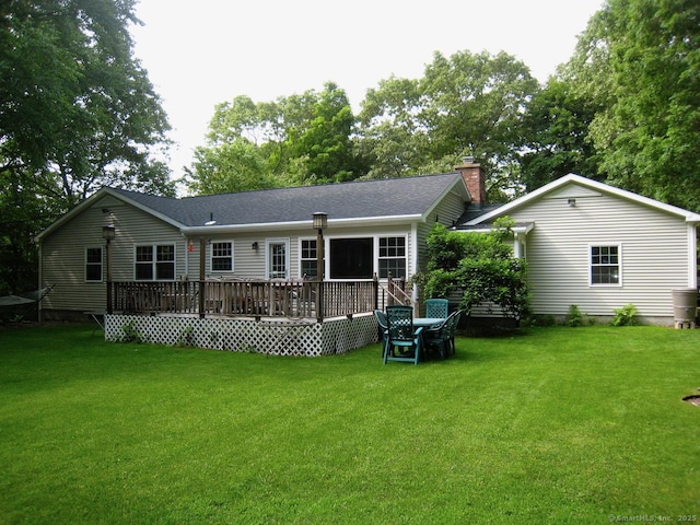181 Picketts Ridge Rd, Redding, CT 06896 - back of property featuring a deck, a yard, and a chimney
