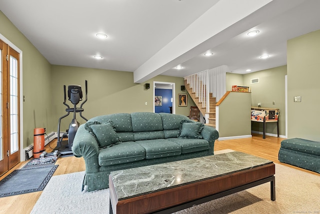 181 Picketts Ridge Rd, Redding, CT 06896 - living room featuring wood finished floors, stairway, a baseboard radiator, baseboards, and recessed lighting