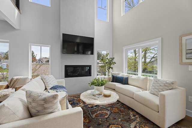 living area with a glass covered fireplace, wood finished floors, a towering ceiling, and a healthy amount of sunlight