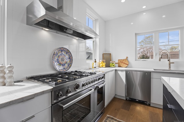kitchen with dark wood-style floors, modern cabinets, a sink, wall chimney exhaust hood, and appliances with stainless steel finishes