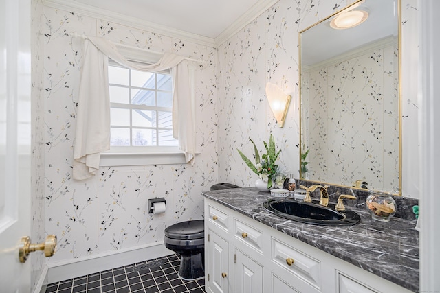 bathroom featuring toilet, wallpapered walls, ornamental molding, and tile patterned floors